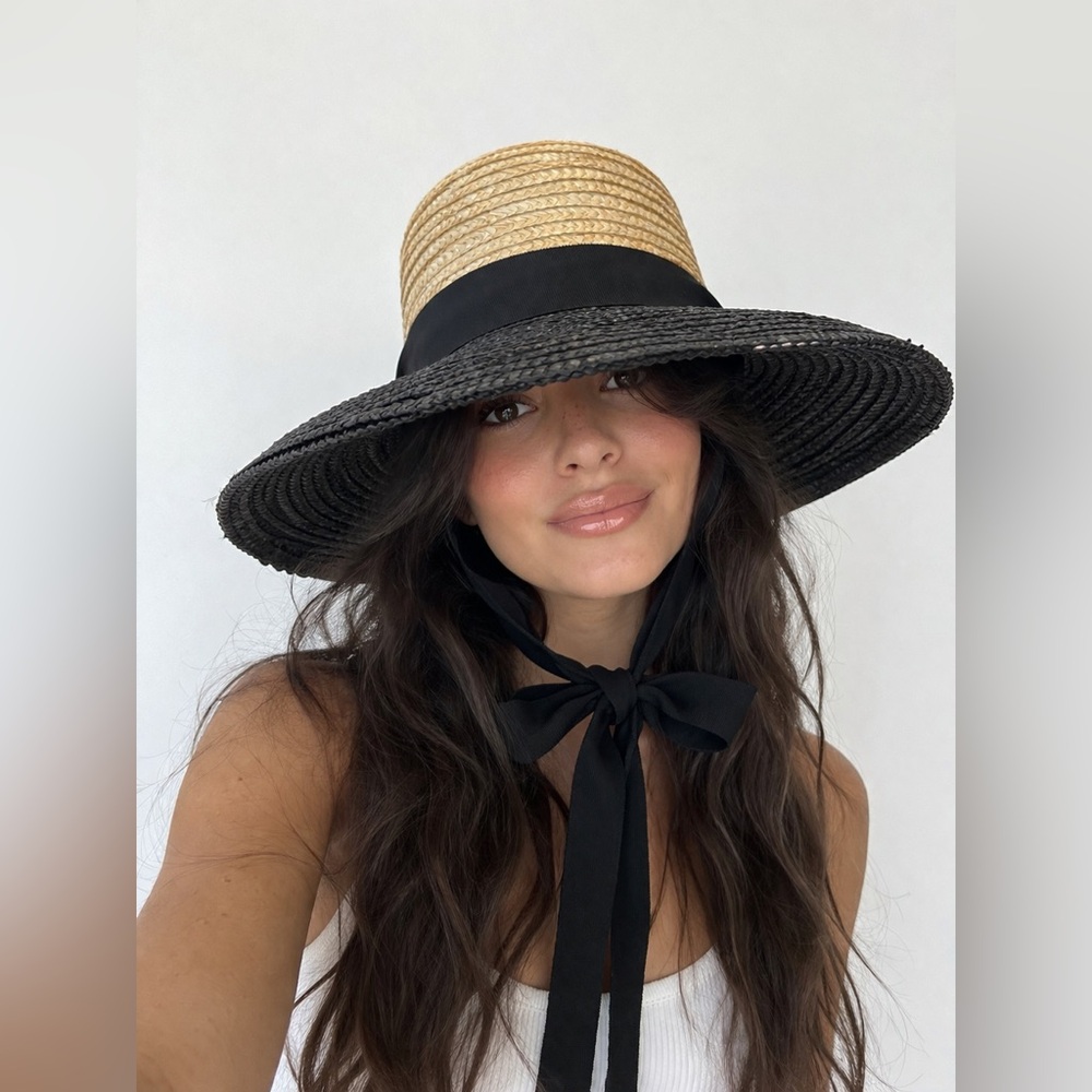 Wyeth Black & Tan Straw Wide Brim Sun Hat with‎ Black Ribbon Tie NWOT